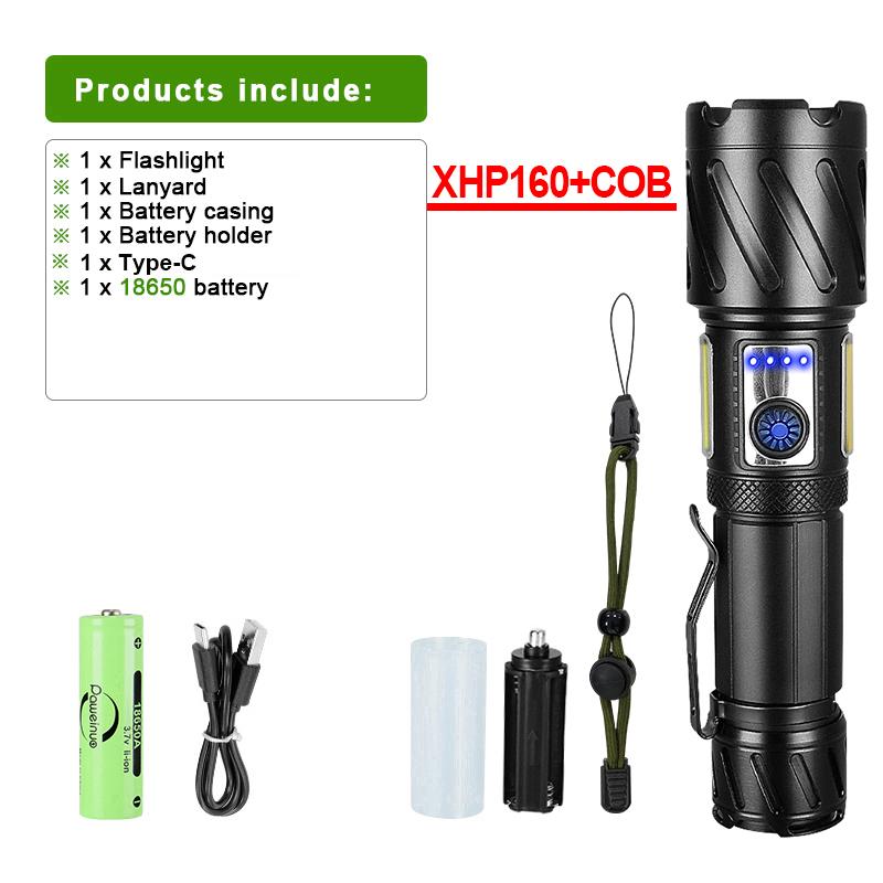 Мощный фонарик Супер яркий XHP160 LED + COB магнитная лампа Водонепроницаемая вспышка Перезаряжаемый фонарик