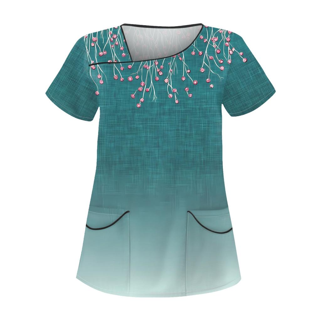 Женская повседневная рабочая одежда с короткими рукавами и наклонным воротником с принтом и двойными карманами