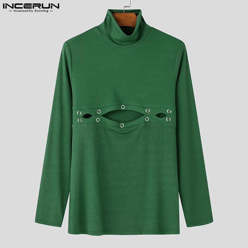 INCERUN Men Turtleneck Long Sleeve Hollow Tops Slim T-shirts