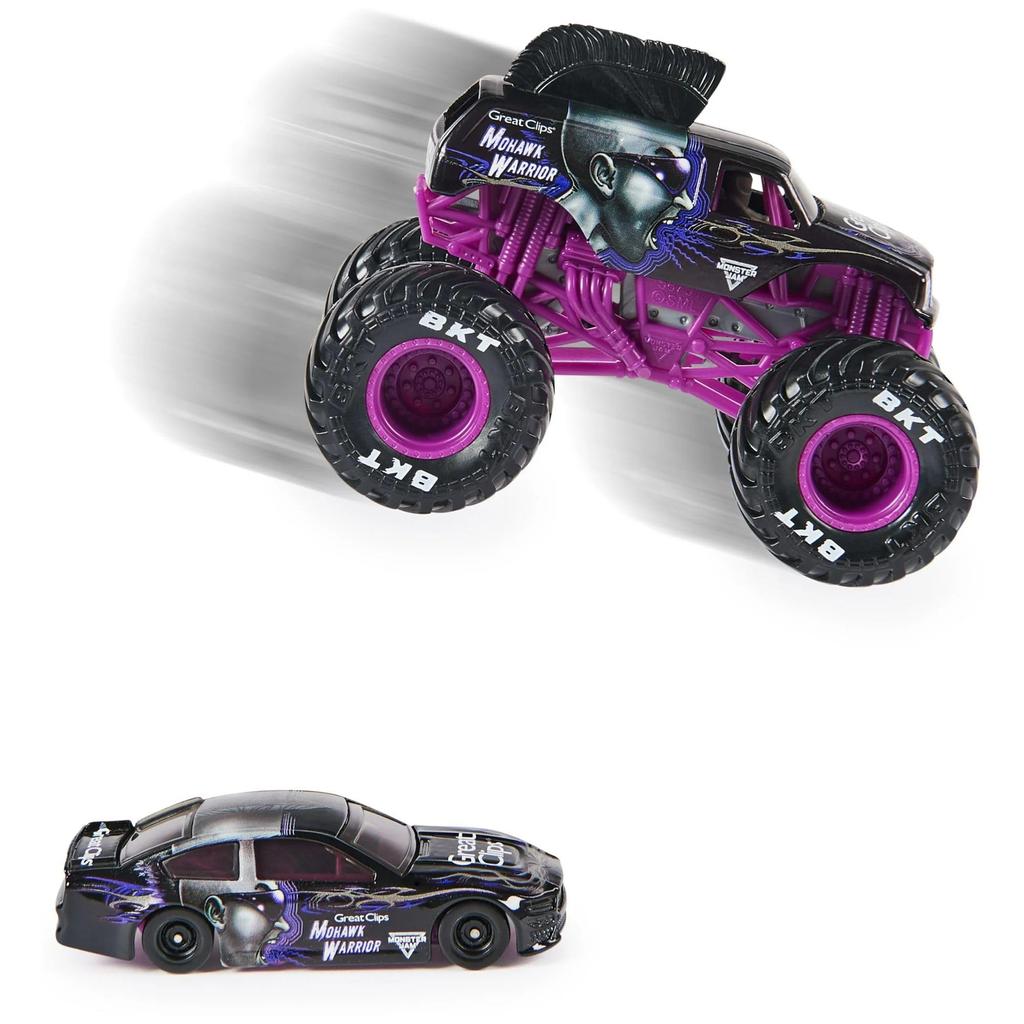Monster Jam Official 1:64 Scale Diecast Monster Trucks and Race Cars Series 4 Mohawk Warrior, Purple 2-Pack