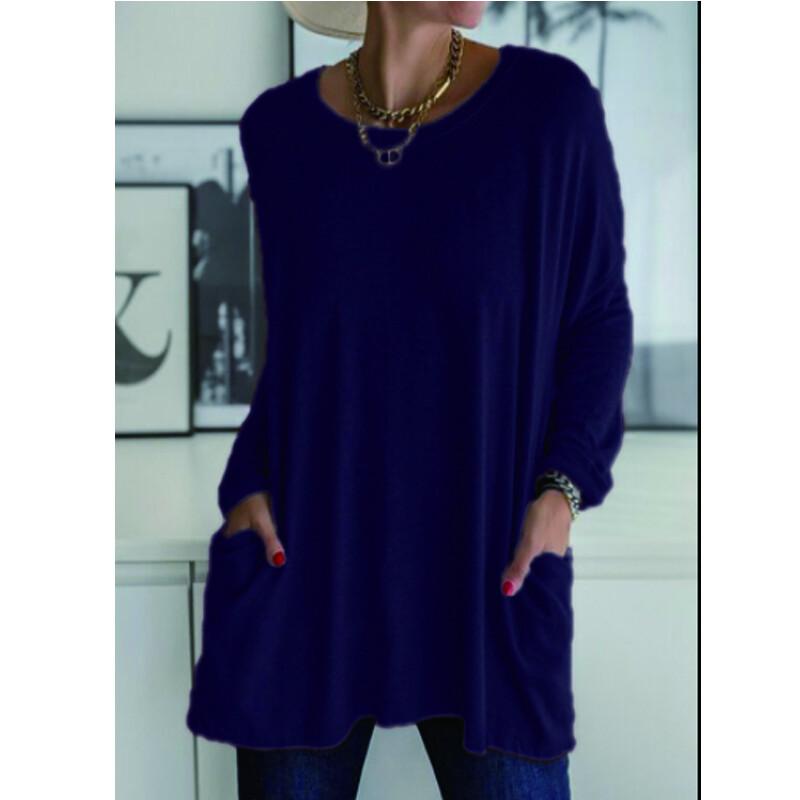Женская одежда Осень-Весна с длинным рукавом Футболка с круглым вырезом Блузка с длинными рукавами; Карманные футболки для женщин; Свободные топы