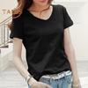 Женская футболка с V-образным вырезом и коротким рукавом, свободная футболка, однотонная, мягкая, эластичная, летняя, топы на каждый день