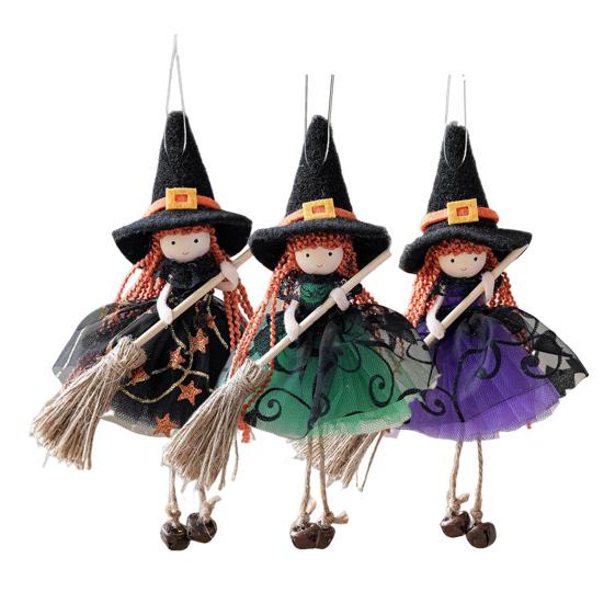 Halloween Witch Doll Decor with Broom Small Witch Figurine with Gauze Skirt Kitchen Hanging Witch Ornament for Room Door Window Halloween Decor