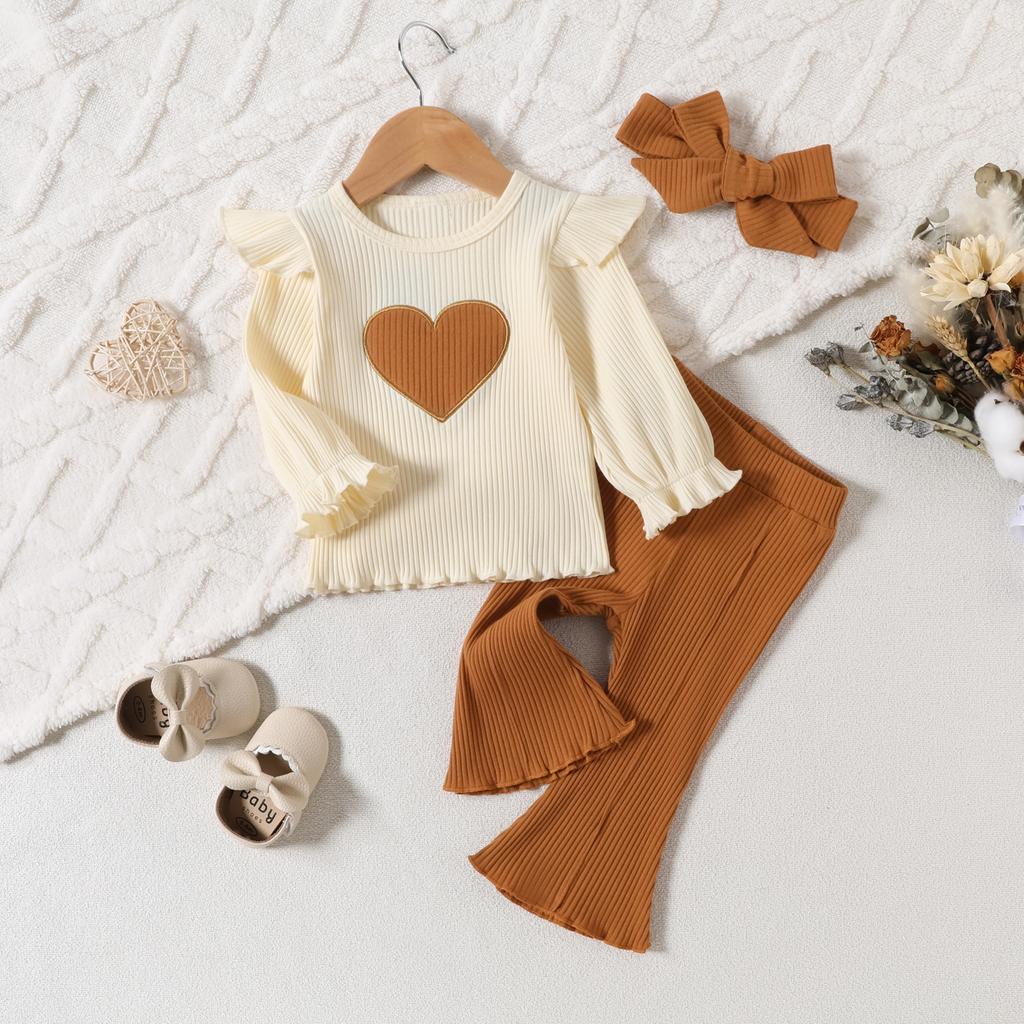 Girls Spring Autumn Suit Heart-shaped Printed Pit Strip Long-sleeved Sweatshirt and Trousers 3-piece Set