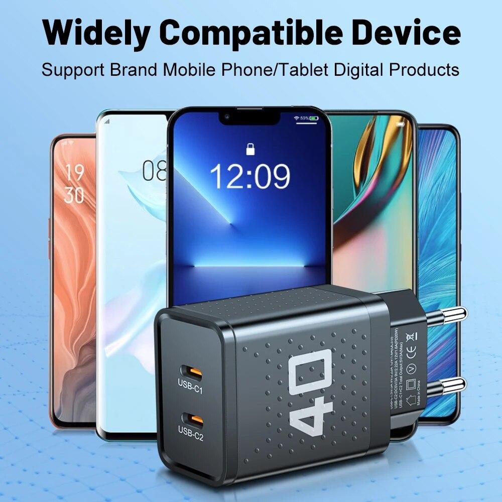 Общая мощность 40 Вт 2 порта USB C Зарядное устройство Быстрая зарядка Type C для iPhone 14 15 Xiaomi Samsung Адаптер Quick Charge QC 3.0
