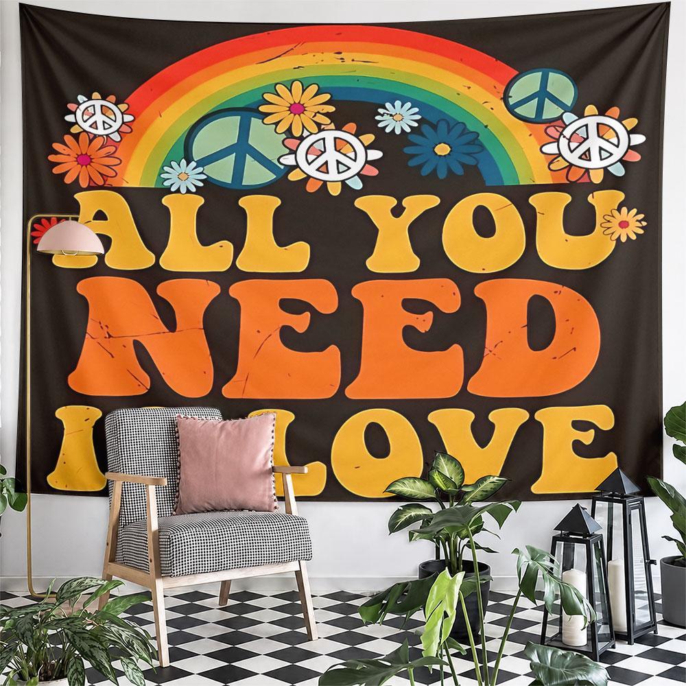 All You Need Is Love Rainbow Tapestry Wall Hanging Hippie Peace Sign Decor for Bedroom Living Room Dorm Gift
