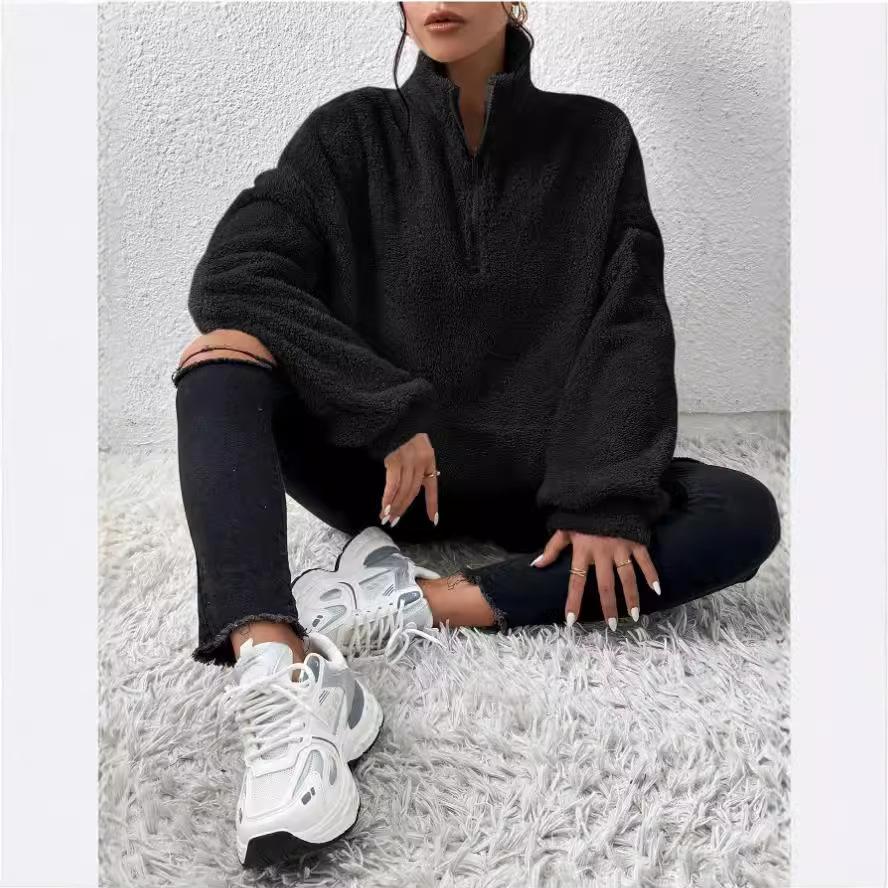 Autumn Winter New European and American Style Furry Fleece-Lined Women's Stand Collar Sweatshirt Casual