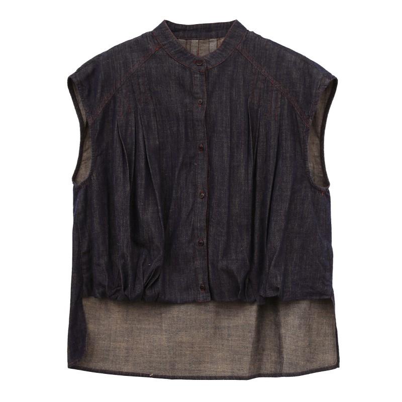 COMOS CMS Womens Asymmetrical Denim Shirt Sleeveless Cotton Linen Blend Casual Top