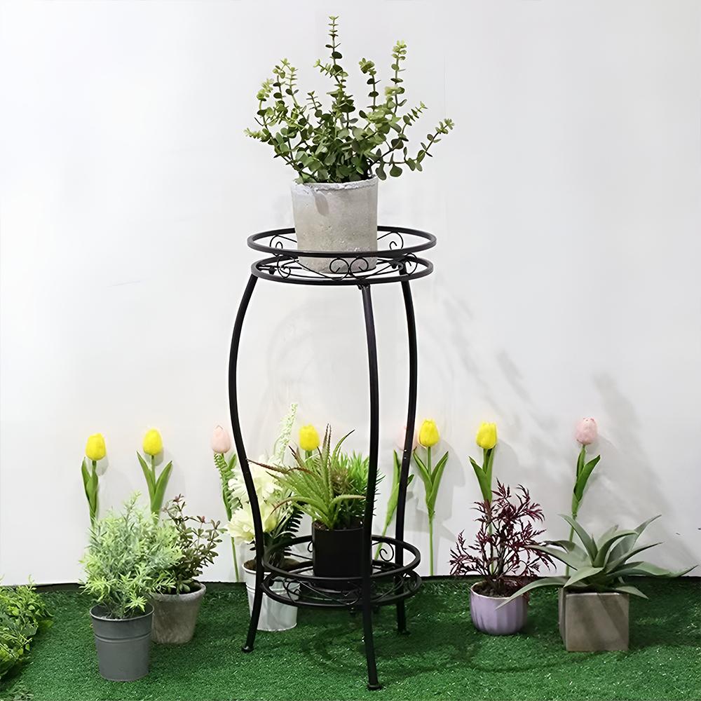 Black New Fully Disassembled Classic Two-layer Flower Stand, Black Iron Double-layer Floor Flower Stand, Balcony Plant Stand