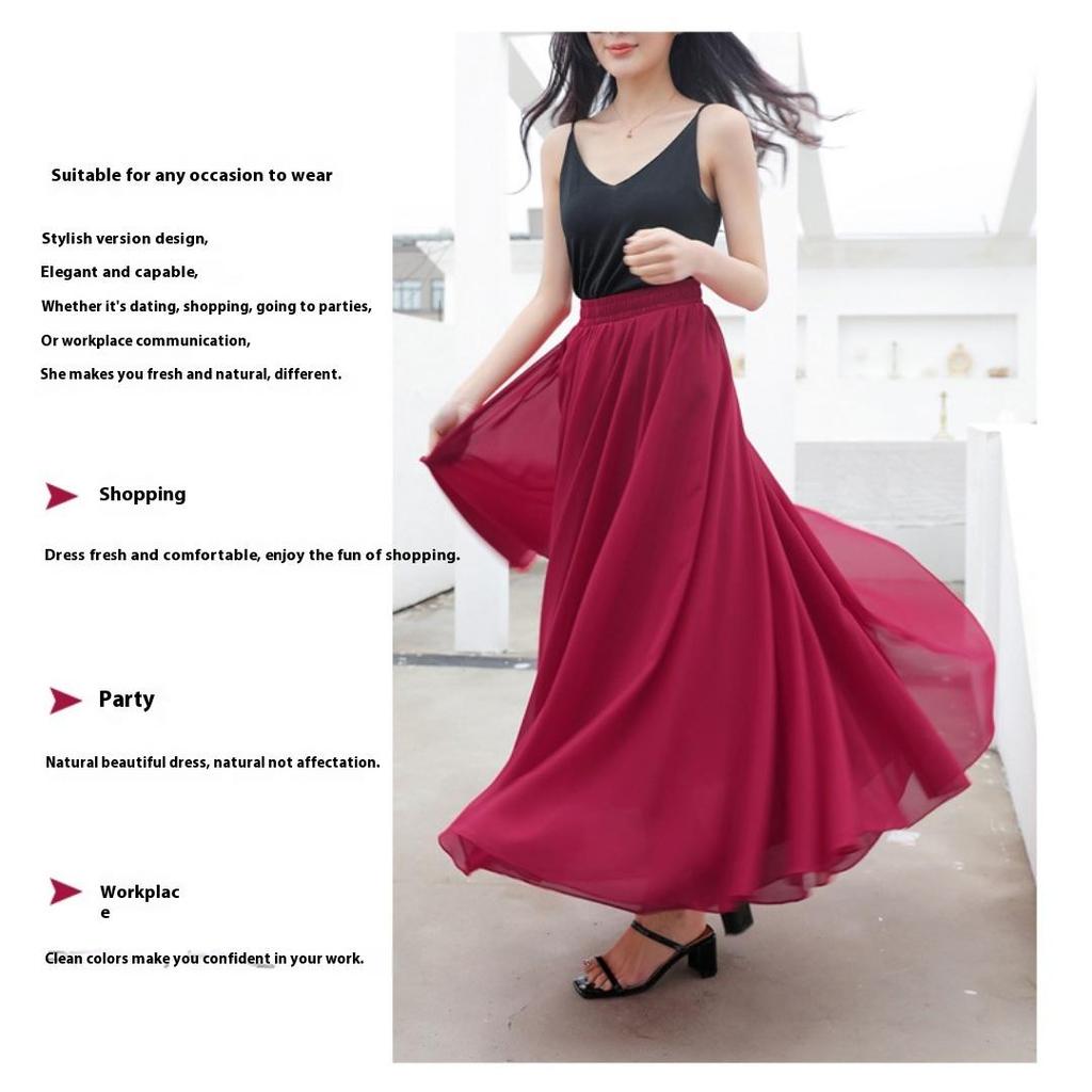 Tooxika Spring and Summer Women's Pure Color Chiffon Skirt with High Waist and Big Swing