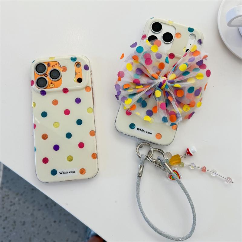 Новый ударопрочный чехол 2026 года для iPhone 15 16 17 Pro Max, цветной с принтом в горошек, с тюлевым бантом, PopSocket, чехол с большим окном