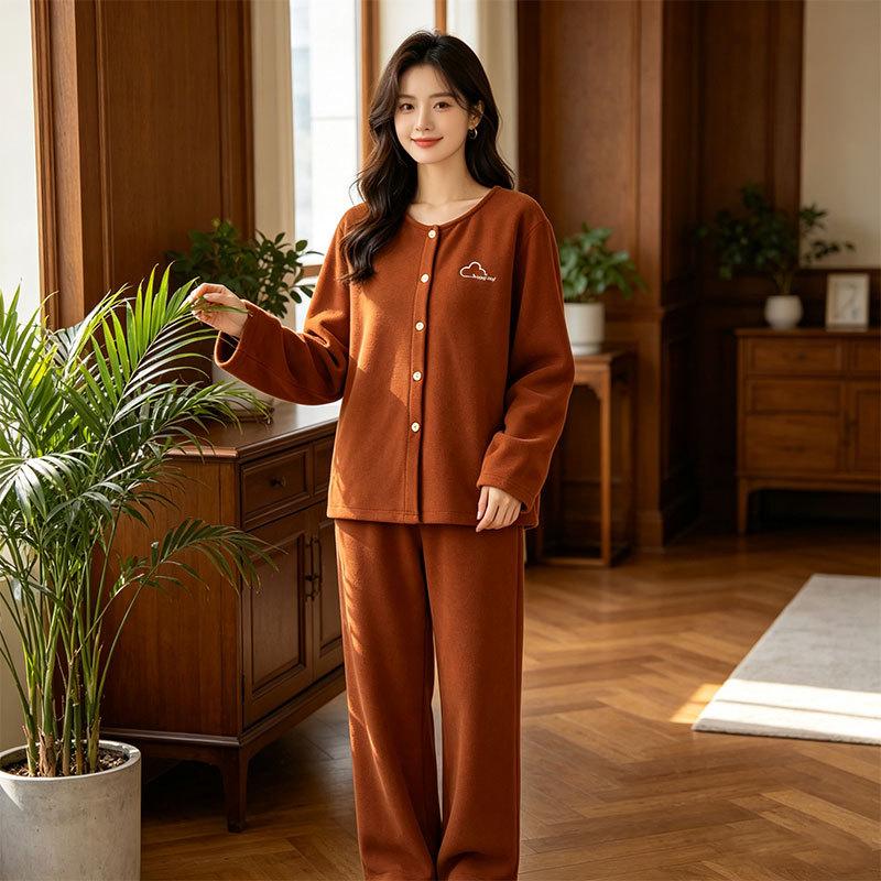 New autumn and winter women's German velvet pajamas homewear crew neck cardigan long sleeves trousers warm and thickened
