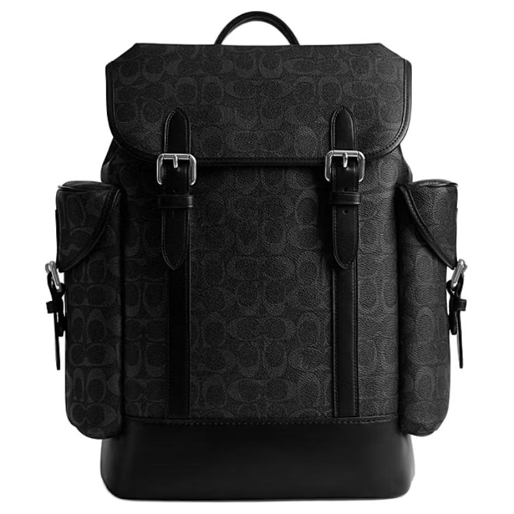 Coach Black Signature Canvas Leather Trim Large Flap Backpack with Side Pockets for Daily Use