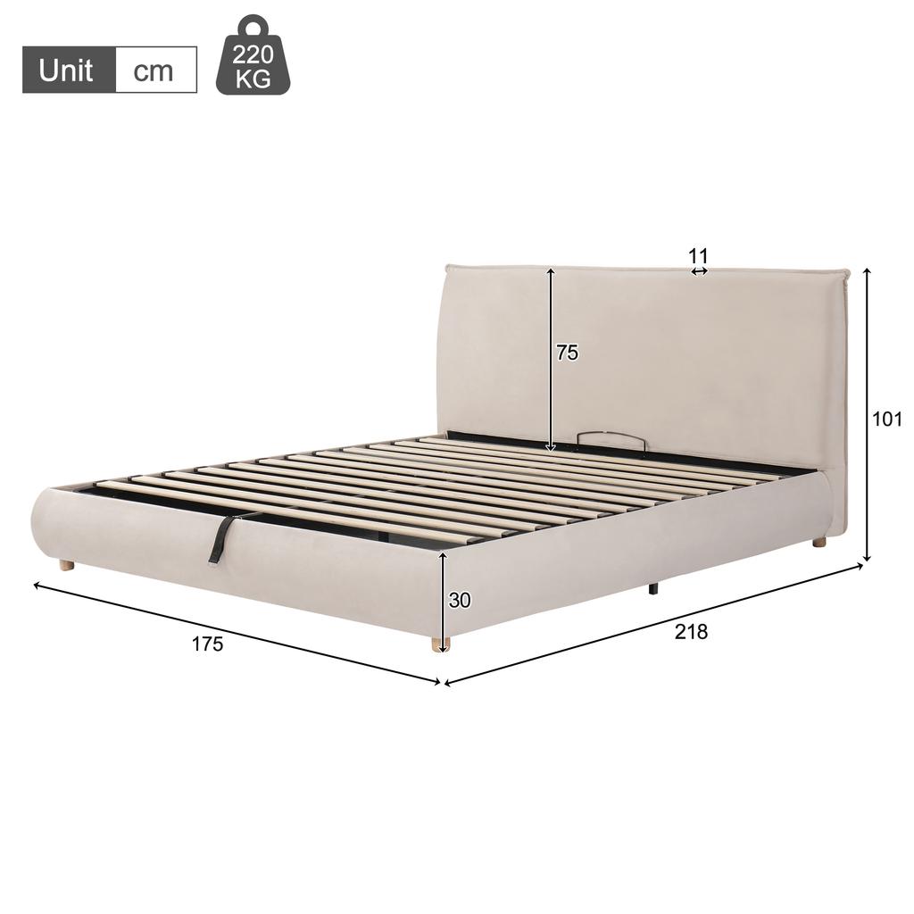 Upholstered bed, 160*200cm, hydraulic function bed, bed with slatted frame, upholstered headboard, bed legs made of solid wood, cream, velvet