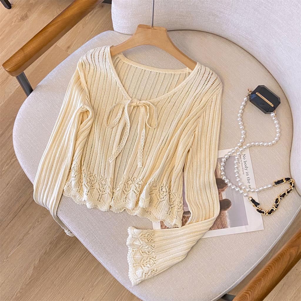 Короткий кардиган с ажурной вязкой для женщин, летняя тонкая рубашка с солнцезащитным кремом, нежный топ