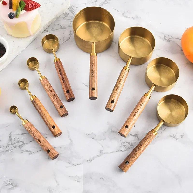 Stainless Steel Measuring Spoon Cup Wooden Handle Measuring Cup Coffee Beans Spoon Milk Powder Scoop Baking Tool Kitchen Gadgets
