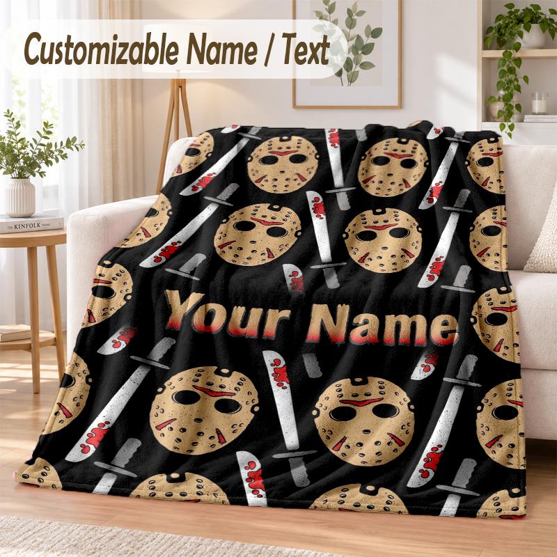 Friday the 13th Jason Voorhees Custom Name Flannel Throw Blanket Soft Warm for Sofa Bed Indoor Home Use