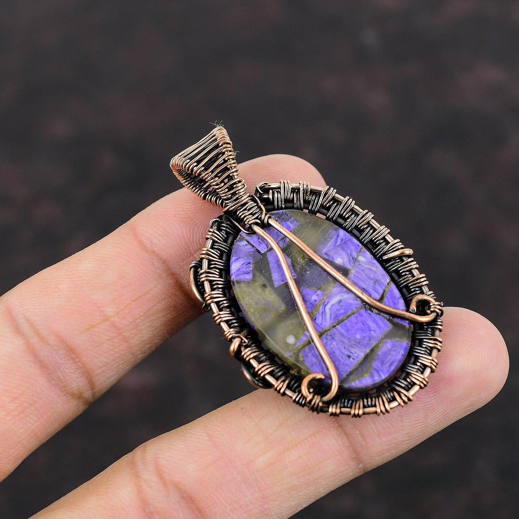 Медный кулон с чароитом, медная проволока, кулон, кулон с драгоценным камнем, кулон ручной работы, антикварный медный ювелирный подарок для нее, новый кулон