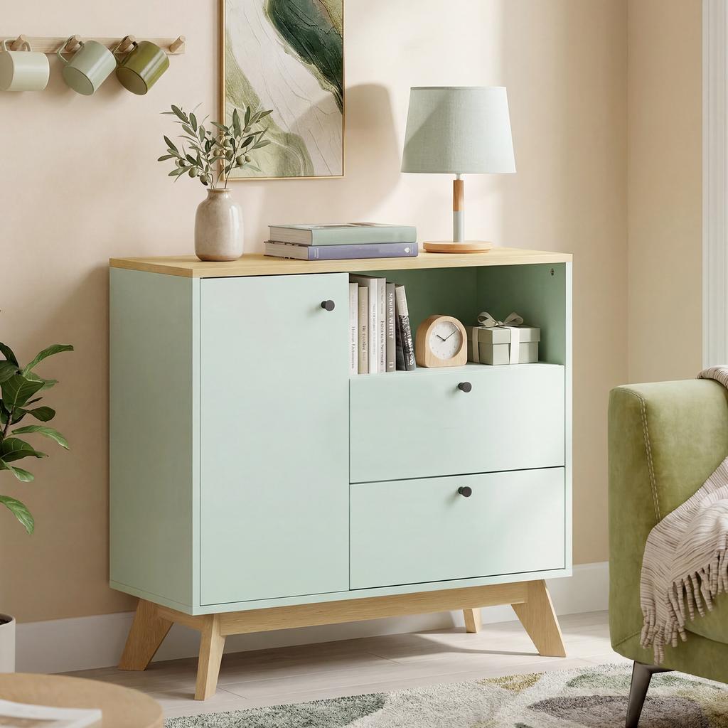 Living Room Sideboard, Door, 2 Drawers, Open Compartment, Adjustable Shelf, Light Green and Oak