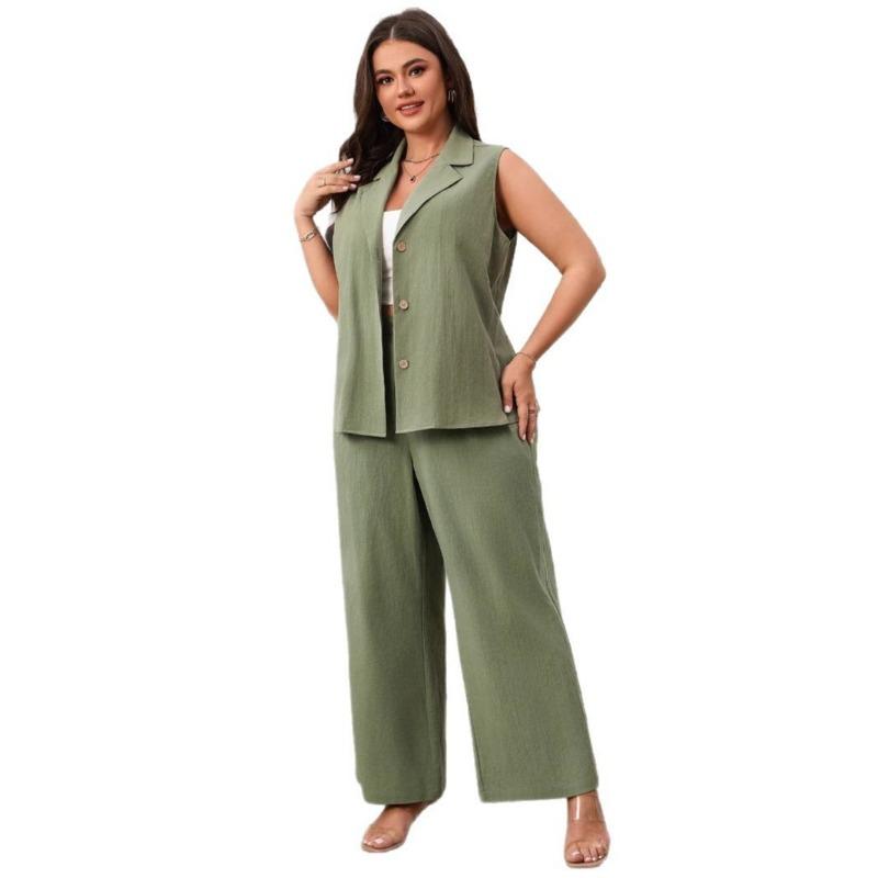 Plus Size Women's Summer New Green Sleeveless Vest Wide Leg Pants Casual Suit
