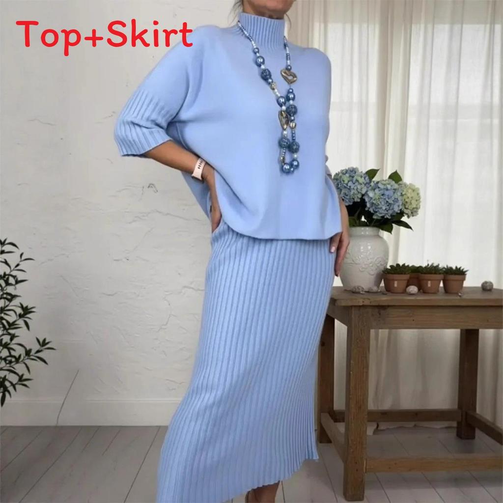 Elegant Women Knit Sweater Skirt Set With High Neck Design For Winter Casual Wear