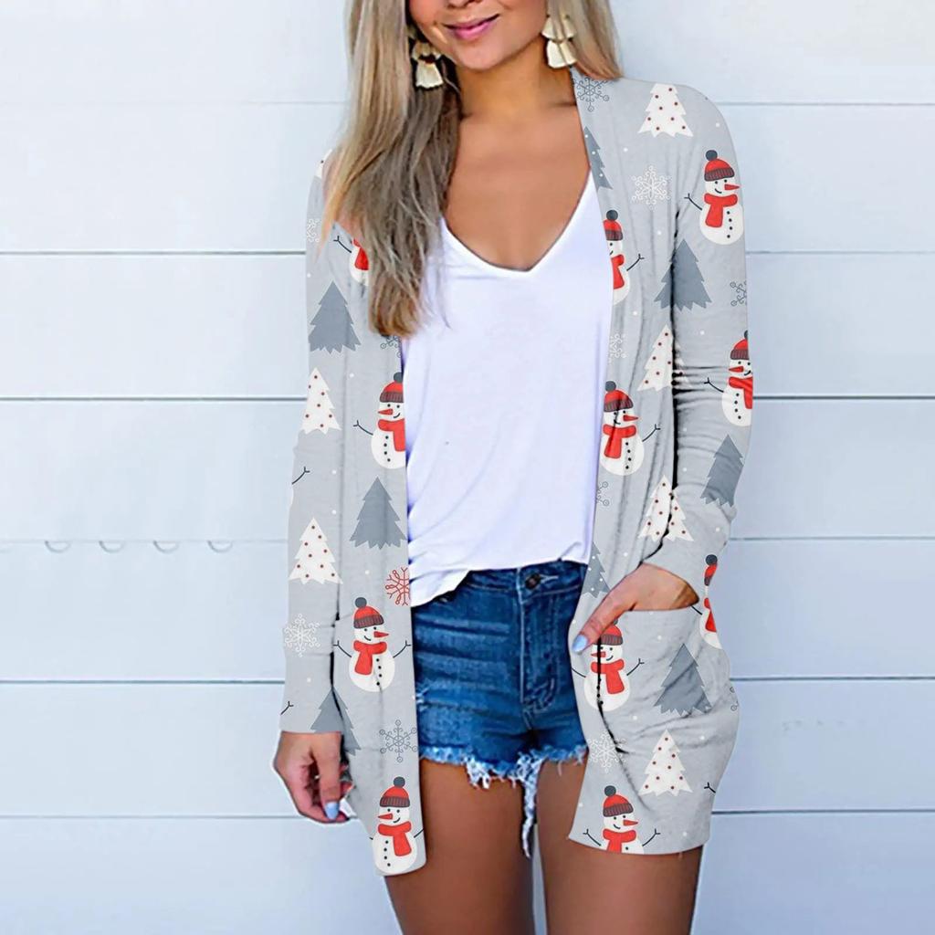 Женская модная повседневная куртка-кардиган с рождественским принтом средней длины, пальто