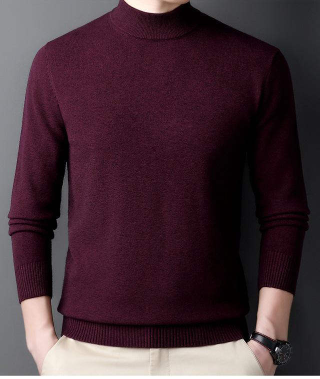 Men's 100% Cashmere Mid-Neck Black Sweater - Thickened Winter Base Layer