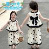 Girls' summer black bow polka dot doll shirt set, stylish and stylish, two cartoon wide leg pants for little girls