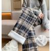Women Classic Autumn Winter Woolen Check Long Pants Elastic Waist Belly Loose Thicken High Waist Street Vintage Warm Cozy Straight Trousers