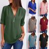 Casual Office Lady Sexy Solid Color Zipper V Neck Half Sleeve Shirt Loose Blouse