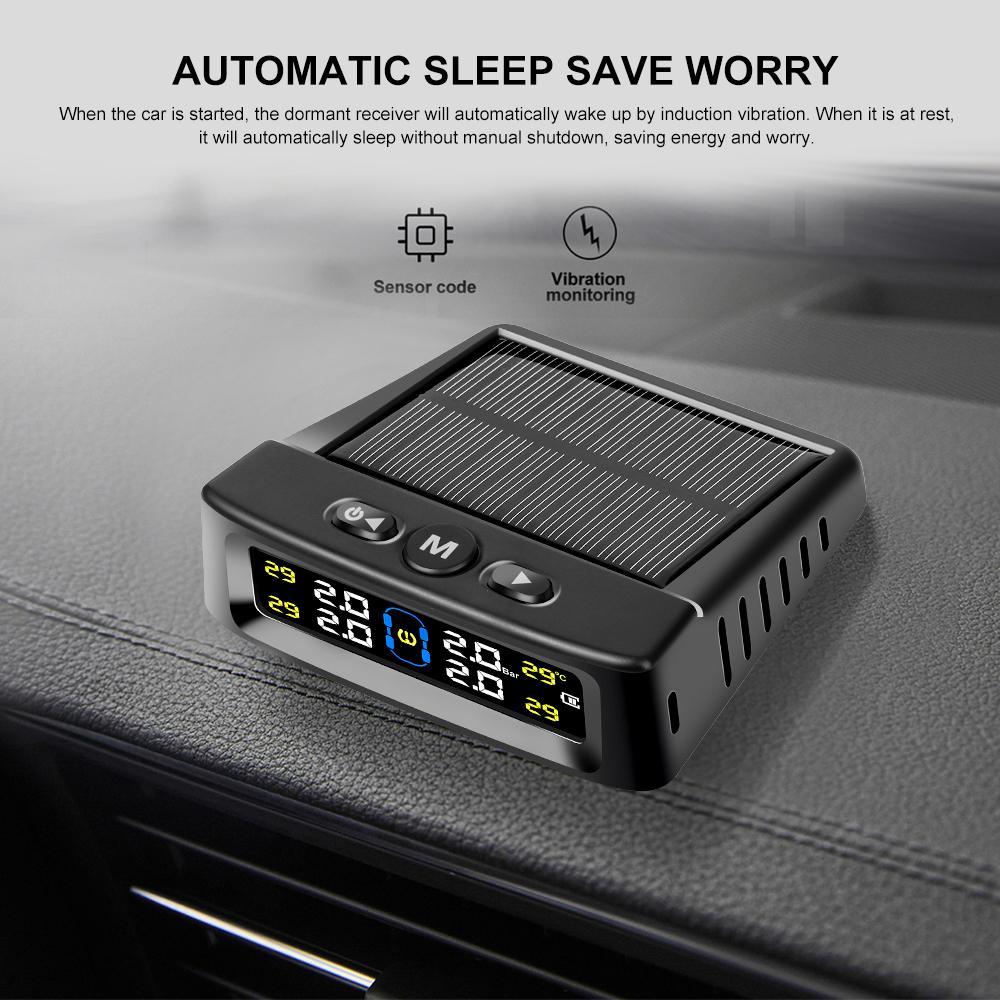 Solar TPMS Car Tire Pressure Alarm Device Auto Tyre Pressure Security Colorful Digital Display 4 External Sensors Tire Pressure Temperature Warning