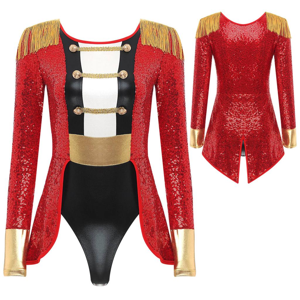 Womens Circus Ringmaster Cosplay Bodysuit Long Sleeve Allover Sequin Tail Jumpsuit Halloween Festival Costumes
