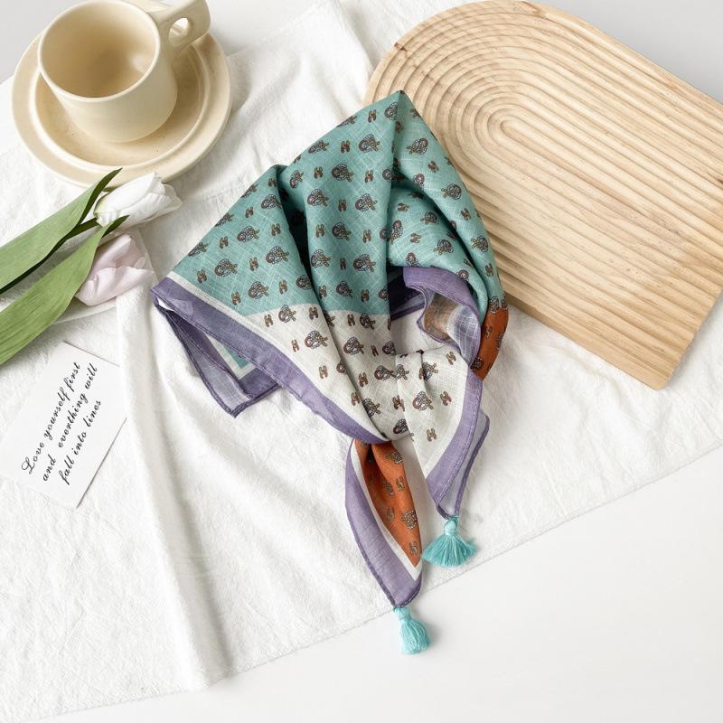 Small Fresh And Sweet Silk Scarf Square Scarf High-End Cute Style With Cotton And Linen Small Square Scarf Women'S Scarf Fringed Pendant