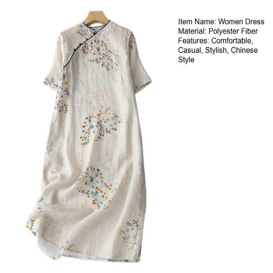 Vintage Floral Print Midi Cheongsam Qipao Dress for Women Loose Short Sleeve Chinese Style Dress with Pockets for Wedding