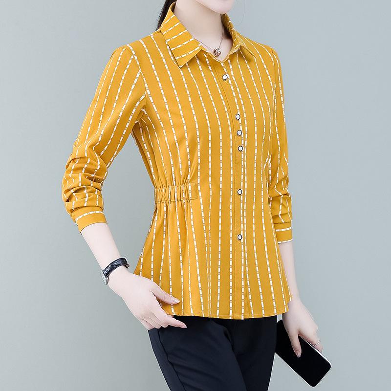 YYFS Женские модные повседневные весенне-осенние рубашки-поло с длинным рукавом и принтом в полоску, блузки и рубашки