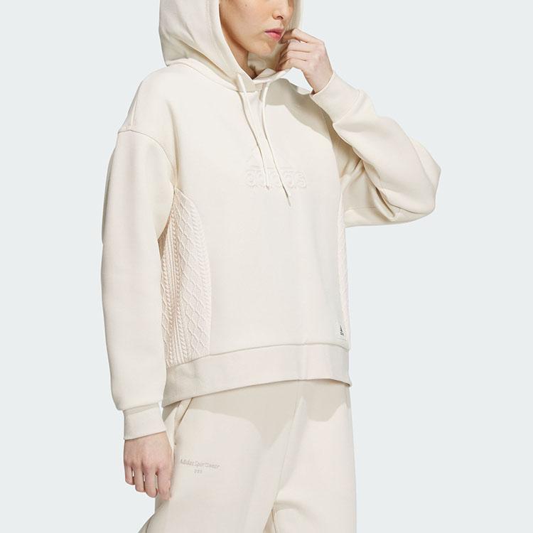 Adidas Lounge Hooded Sweatshirt Pure Color Sport Casual Pullover Women Tops Wonder-White IP0756
