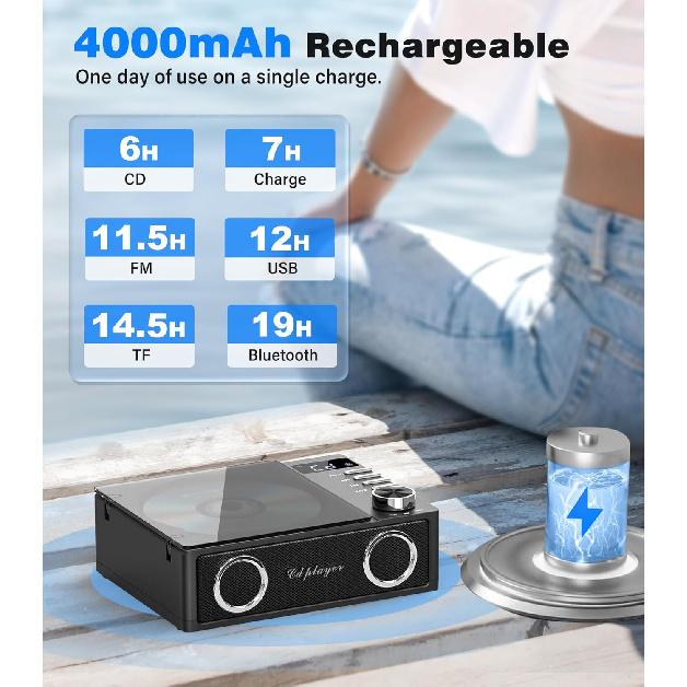 Portable CD Player With Bluetooth 5.3 4000mAh Rejected CD Player With Remote Control, FM Radio, Speakers, Supports USB, TF, AUX, Optical Input
