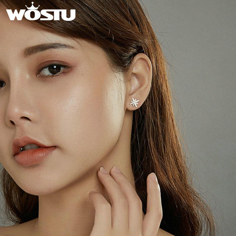WOSTU Authentic 925 Sterling Silver Brand Design Simple Dreamy Shining Stars Stud Earring for Women Silver Jewelry Earring