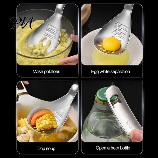 Compact Garlic Ginger Mincer Stainless Steel Slotted Spoon with Bottle Opener & Grater, Fine Tooth Dishwasher Safe Kitchen Tool Manual Grinder