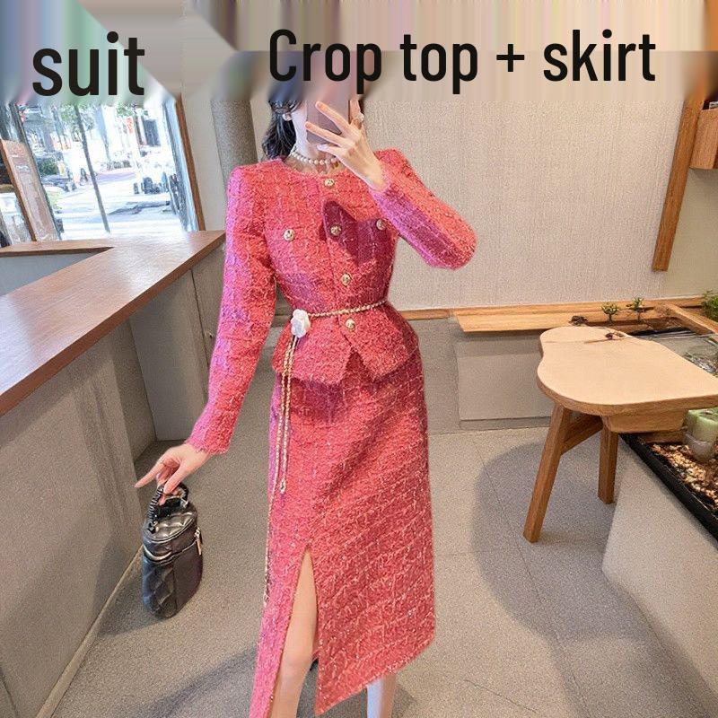 Осенне-зимний двухпредметный комплект: юбка и топ цвета 'розовый красный'