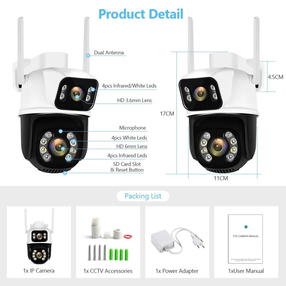 8МП 4K PTZ Wi-Fi камера с двумя объективами и двумя экранами, с ИИ обнаружением человека, автоматическим слежением, беспроводная уличная камера видеонаблюдения