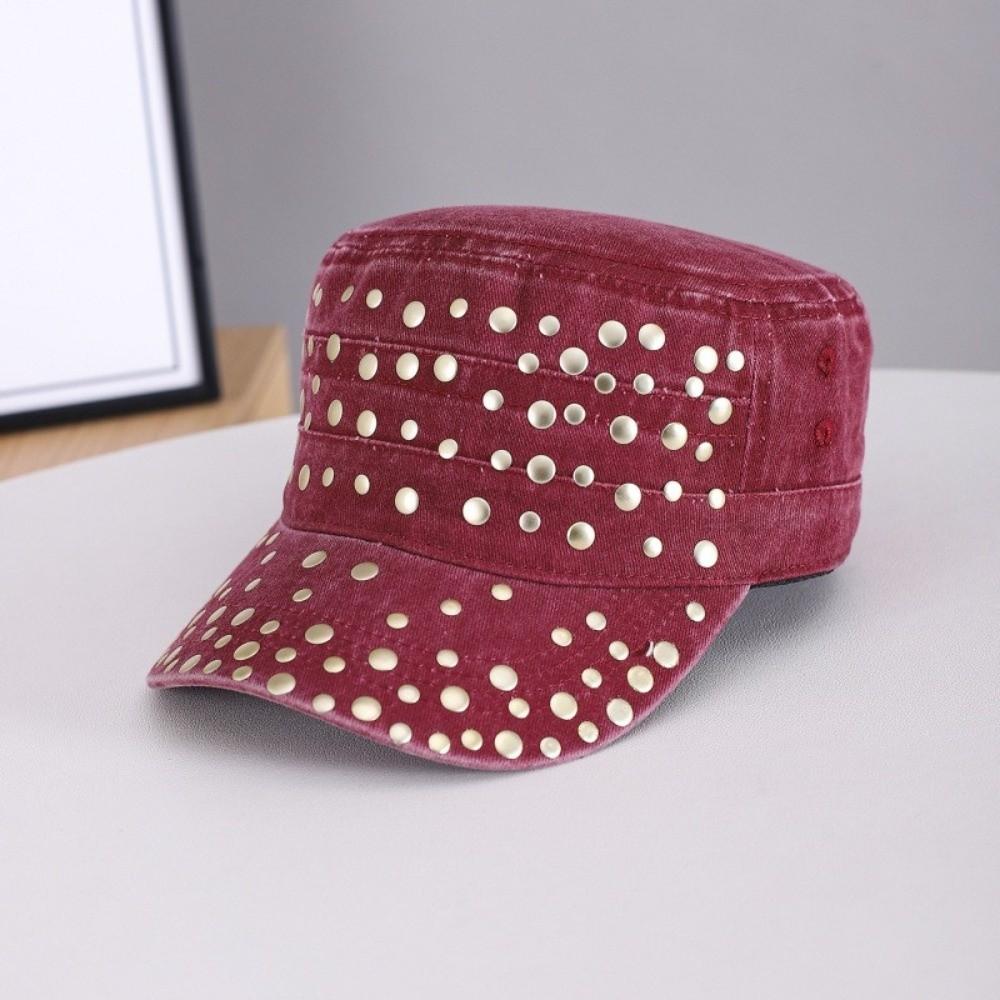 Washed Finish Flat Top Cap Rivet Decor Casual Cap Casual Sun Protection Cap Outdoor Wear