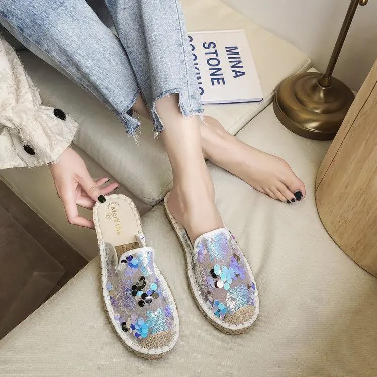 Fashion Sequined Slippers Women's Summer All-match Flat Sandals Women Retro Mesh Lace Slippers Fashion Loafers Bling Muller Shoes
