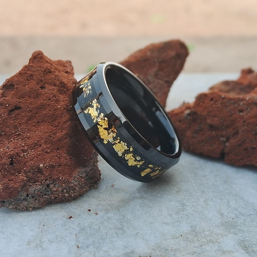 8mm Black Tungsten Ring for Men with Black & Gold Foils Inlay – Beveled Edge, Stylish Durable Wedding Band Free Custom Engraving