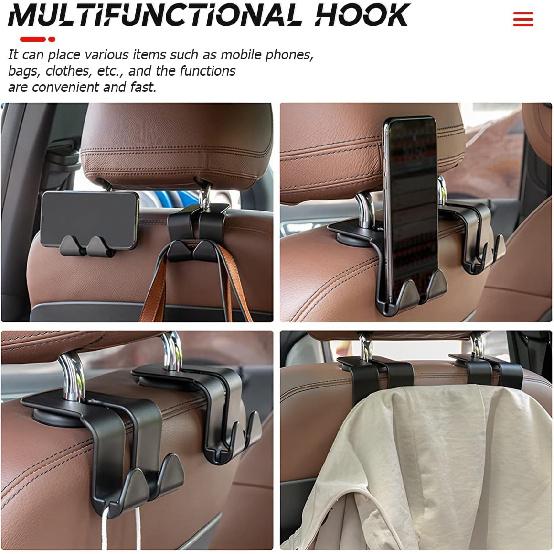 Car Headrest Hook, 4 Pack Dual Hangers for Auto Seat Back, 2 in 1 Seat Head Rest Hanger, Auto Interior Storage Organizer for Purse Bag Coat Grocery,
