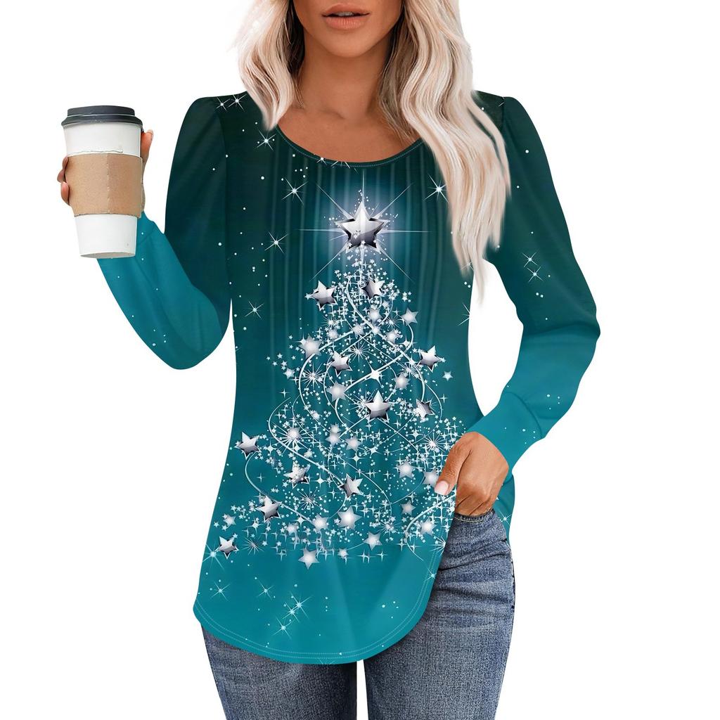 Рубашки с длинным рукавом для женщин, топы, нарядные повседневные блузки с рождественским принтом, плиссированные туники с круглым вырезом