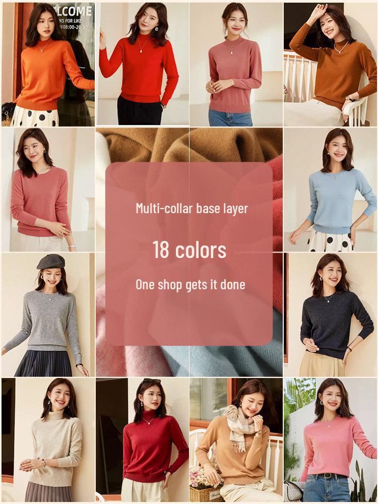 Women's Pure Wool Half-High Neck Knit Sweater - Solid Color, Warm Autumn/Winter Pullover