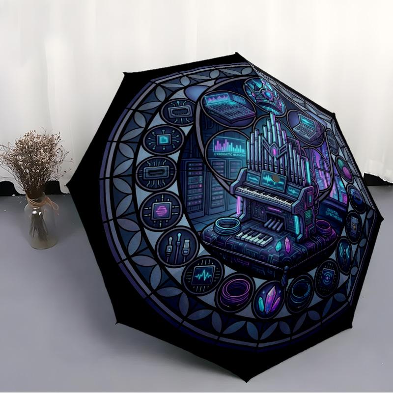 Cybernetic Harmony Synthesis pattern umbrella, portable and foldable design, 8 ribs, a casual accessory for Halloween, Christmas, and birthday gifts.