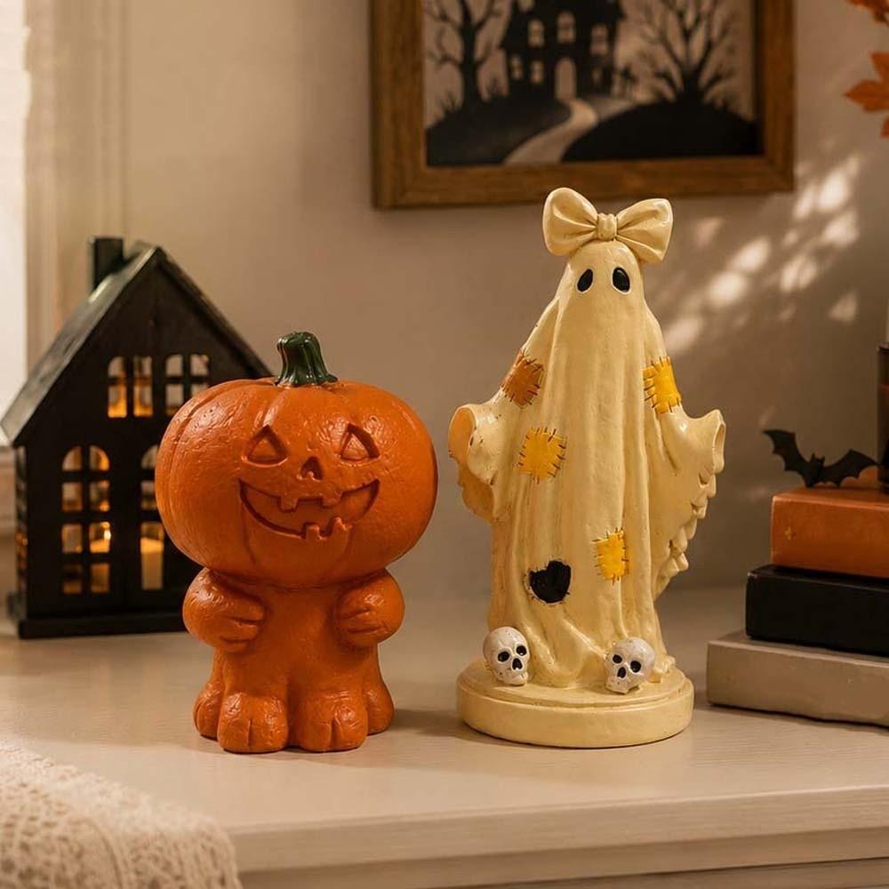 Vibrant Orange Halloween Figurine Resin Ghost Ornament Pumpkin Sculpture Living Room