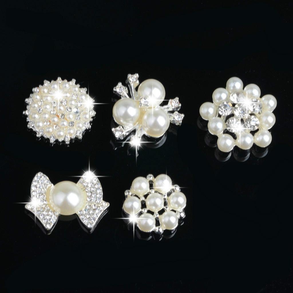 5 Pieces Rhinestone Crystal Pearl Embellishment Buttons Flatback